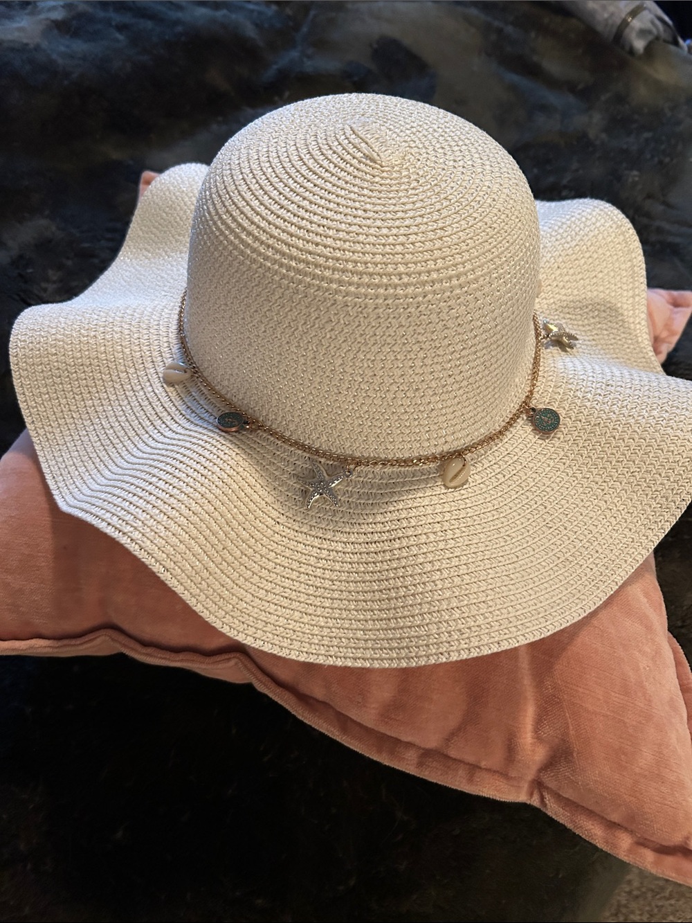 Jessica Simpson Cream Wide-Brim Straw Sun Hat with Charm Band